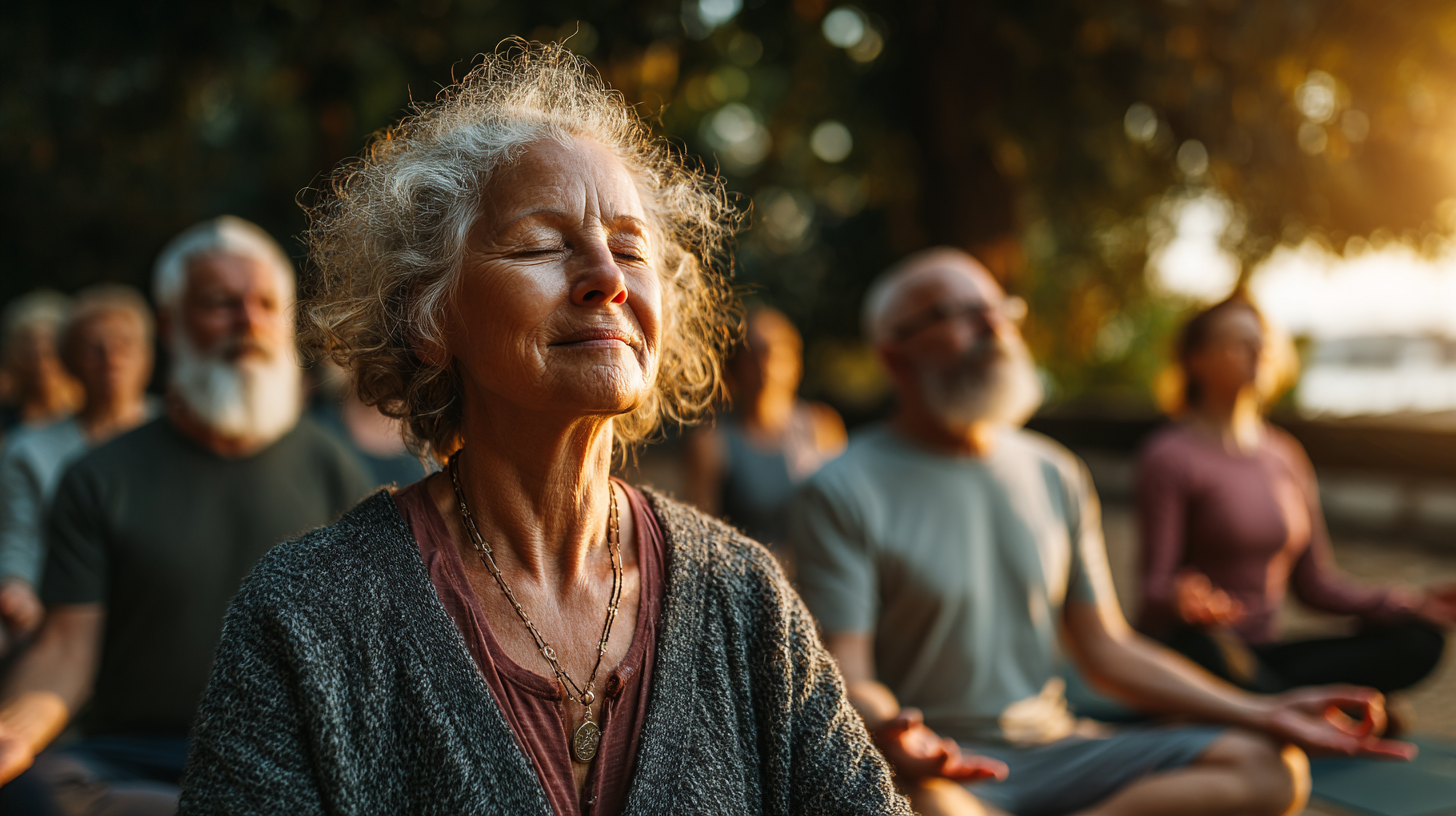 Grupa de seniori practicând yoga în parc